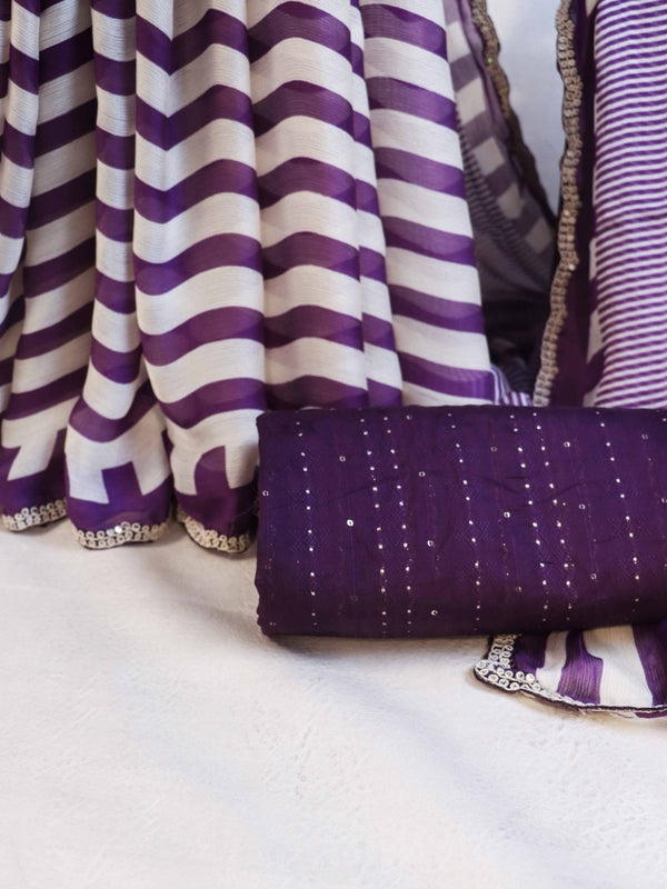 Banarasee Dual Color Chiffon Saree With Leheriya Design & Hand Work Border-Purple & White