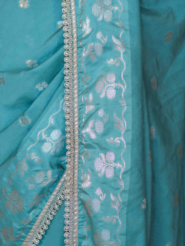 Banarasee Handloom Semi Silk Saree With Buti Design Zari Border & Lace-Light Blue