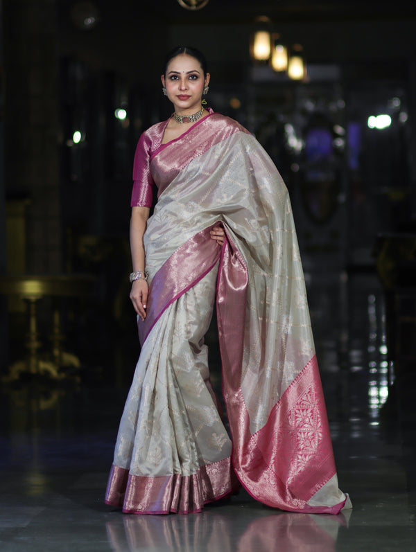 Banarasee Handloom Semi Silk Saree With Zari Jaal Work & Contrast Border-Off White & Magenta