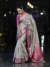 Banarasee Handloom Semi Silk Saree With Zari Jaal Work & Contrast Border-Off White & Magenta