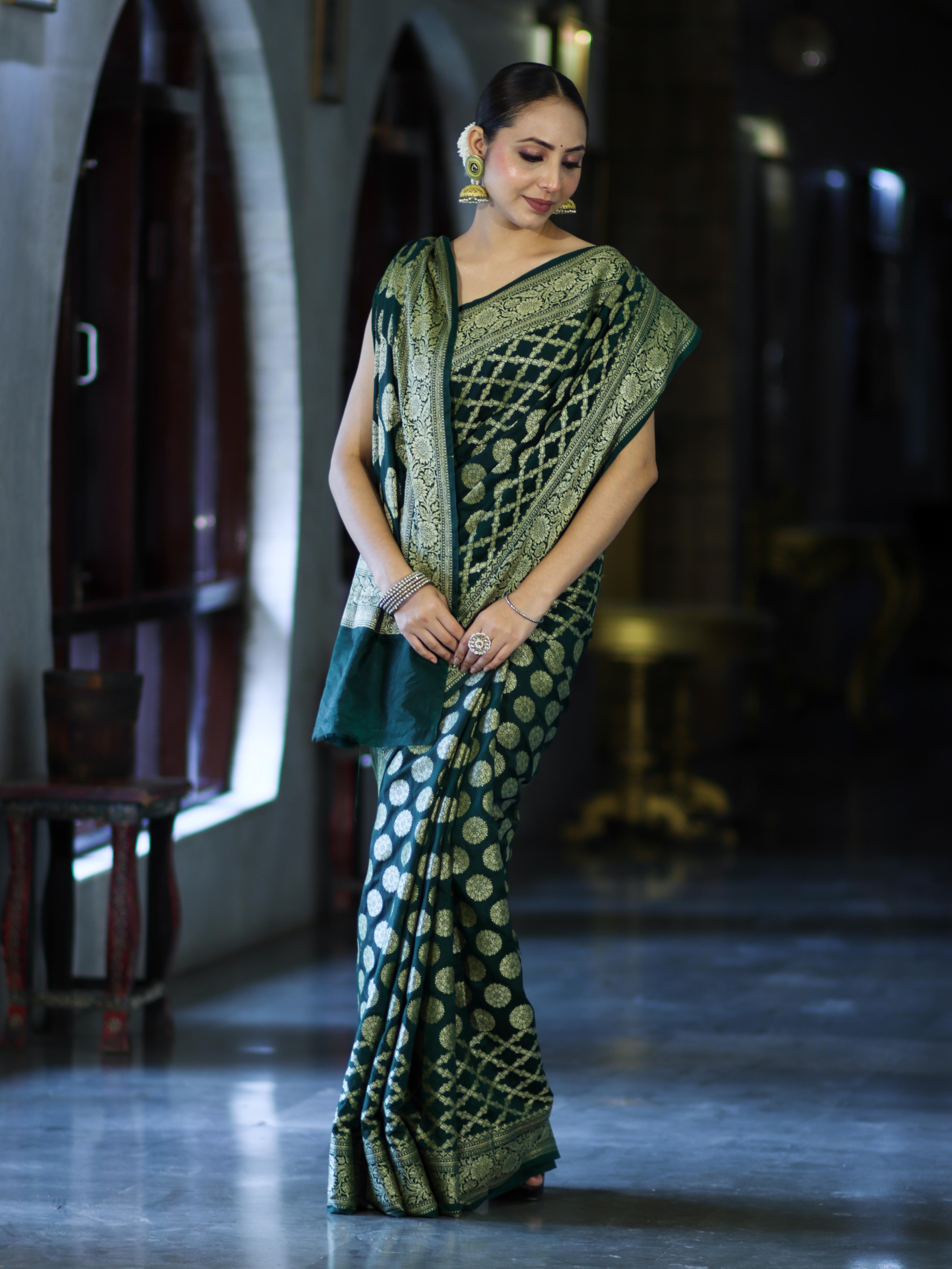Banarasee Handloom Semi Silk Saree With Zari Jaal Design & Buta Work-Deep Green