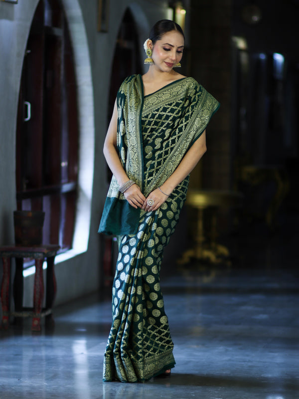 Banarasee Handloom Semi Silk Saree With Zari Jaal Design & Buta Work-Deep Green