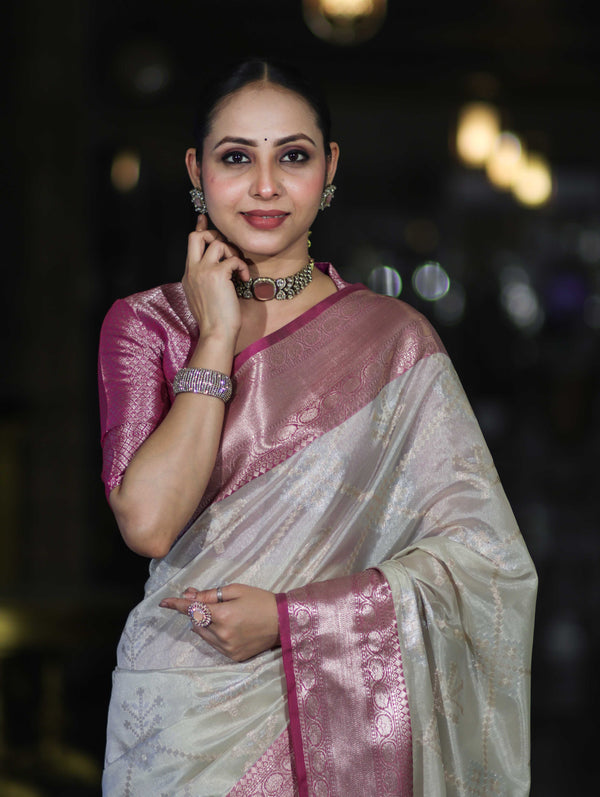 Banarasee Handloom Semi Silk Saree With Zari Jaal Work & Contrast Border-Off White & Magenta