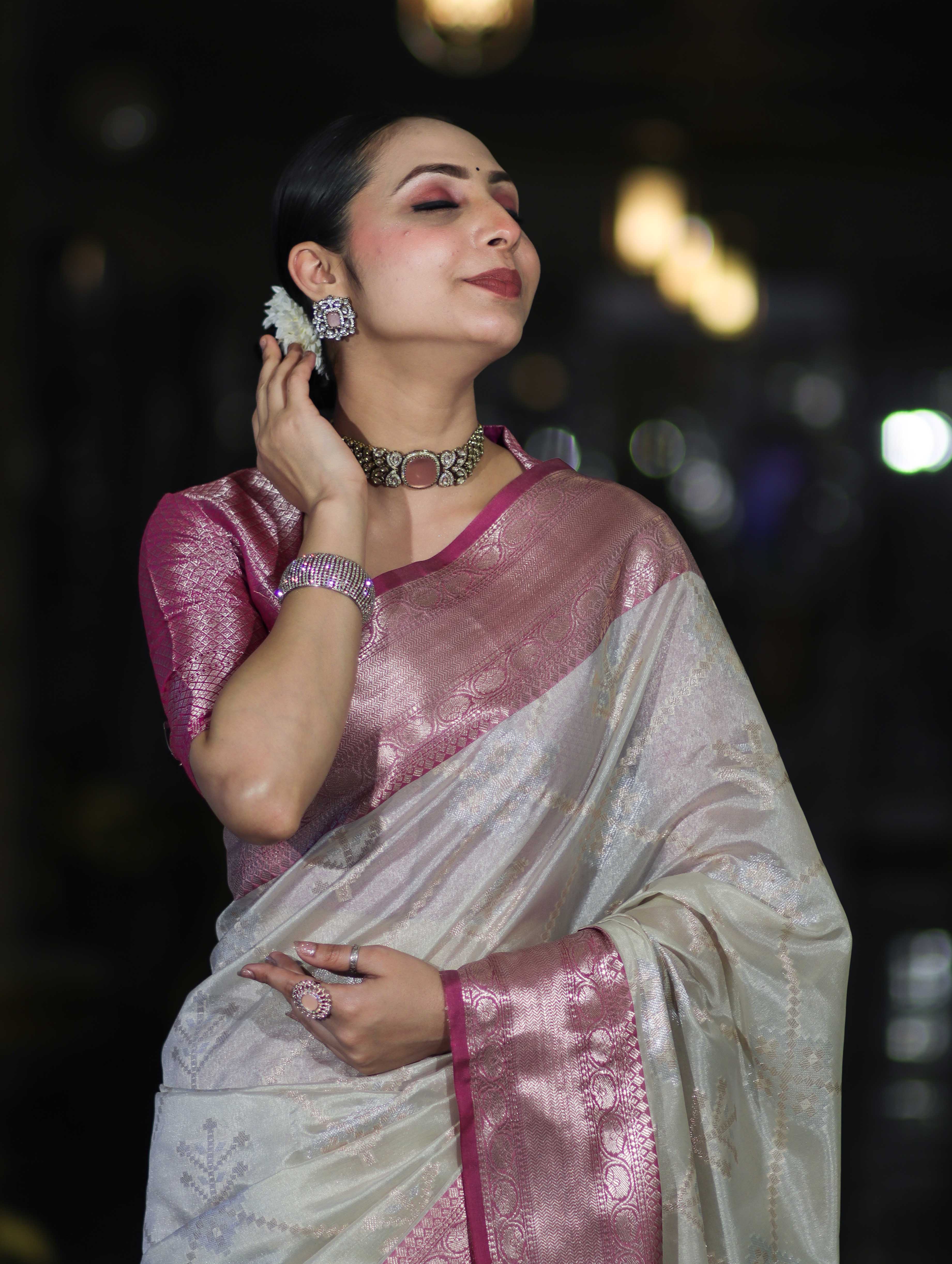 Banarasee Handloom Semi Silk Saree With Zari Jaal Work & Contrast Border-Off White & Magenta