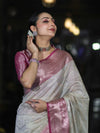 Banarasee Handloom Semi Silk Saree With Zari Jaal Work & Contrast Border-Off White & Magenta