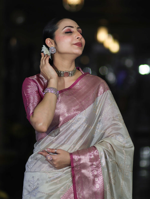 Banarasee Handloom Semi Silk Saree With Zari Jaal Work & Contrast Border-Off White & Magenta