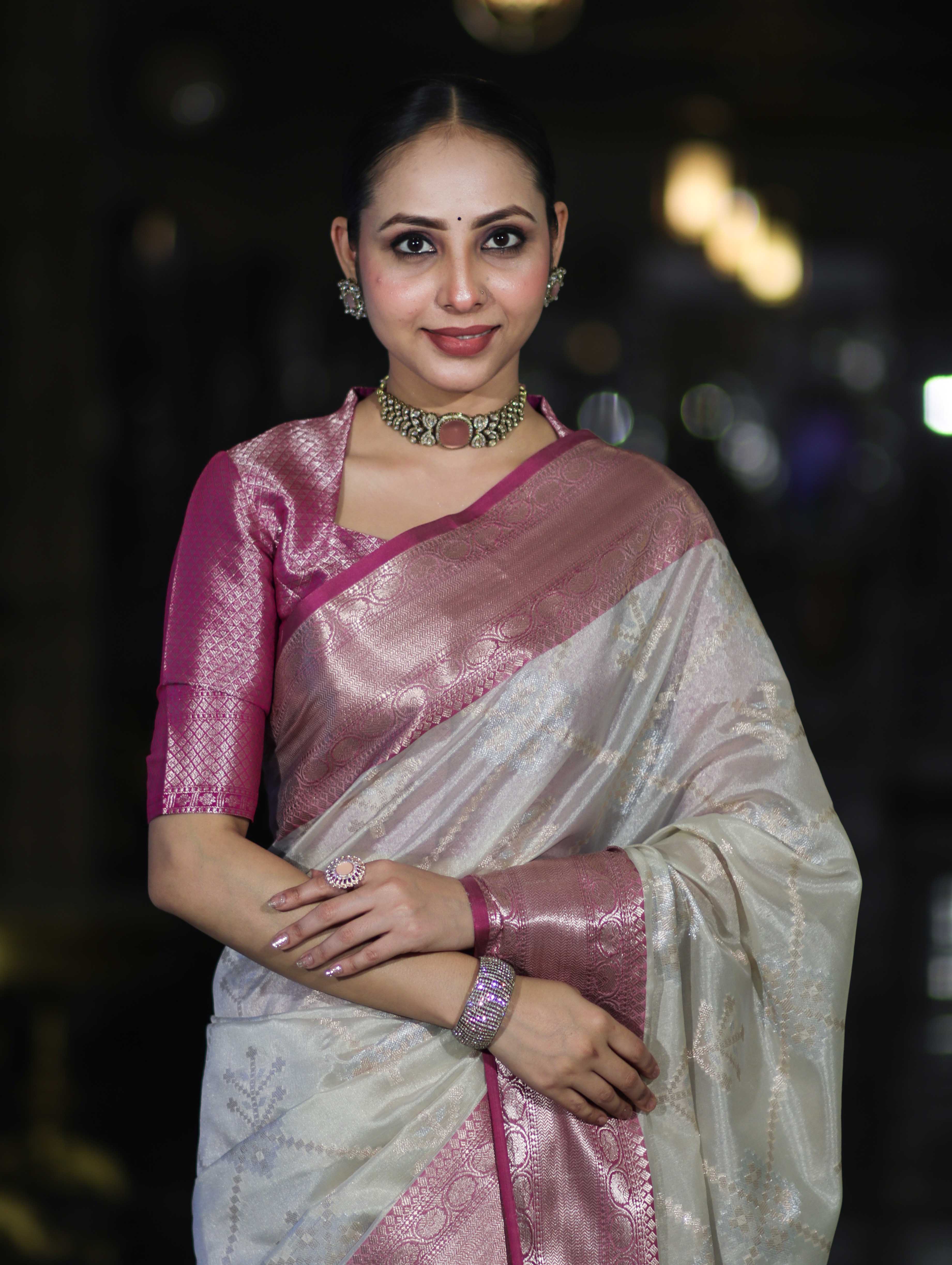 Banarasee Handloom Semi Silk Saree With Zari Jaal Work & Contrast Border-Off White & Magenta