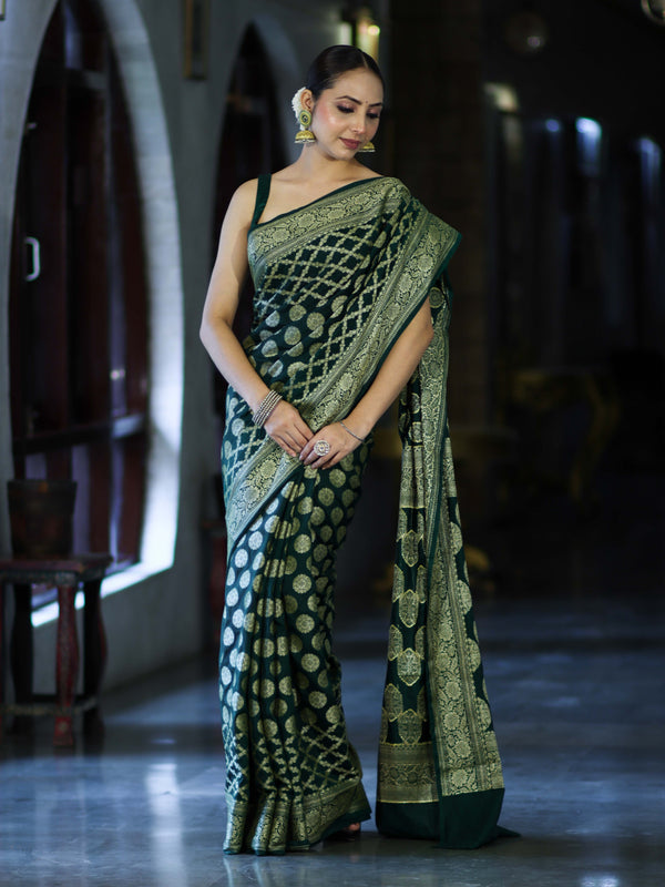 Banarasee Handloom Semi Silk Saree With Zari Jaal Design & Buta Work-Deep Green