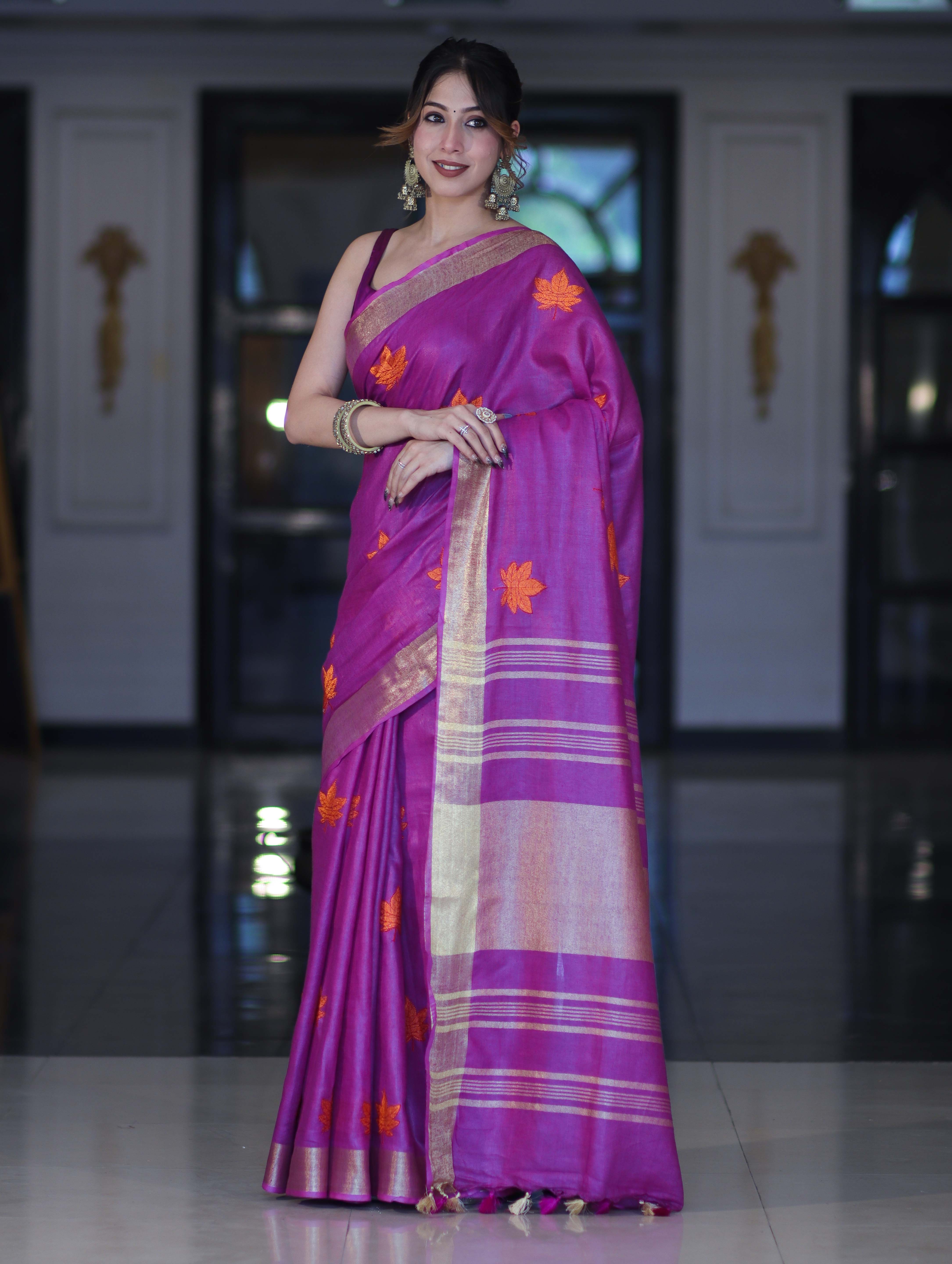 Bhagalpur Handloom Pure Linen Saree With Floral Buta Design-Violet