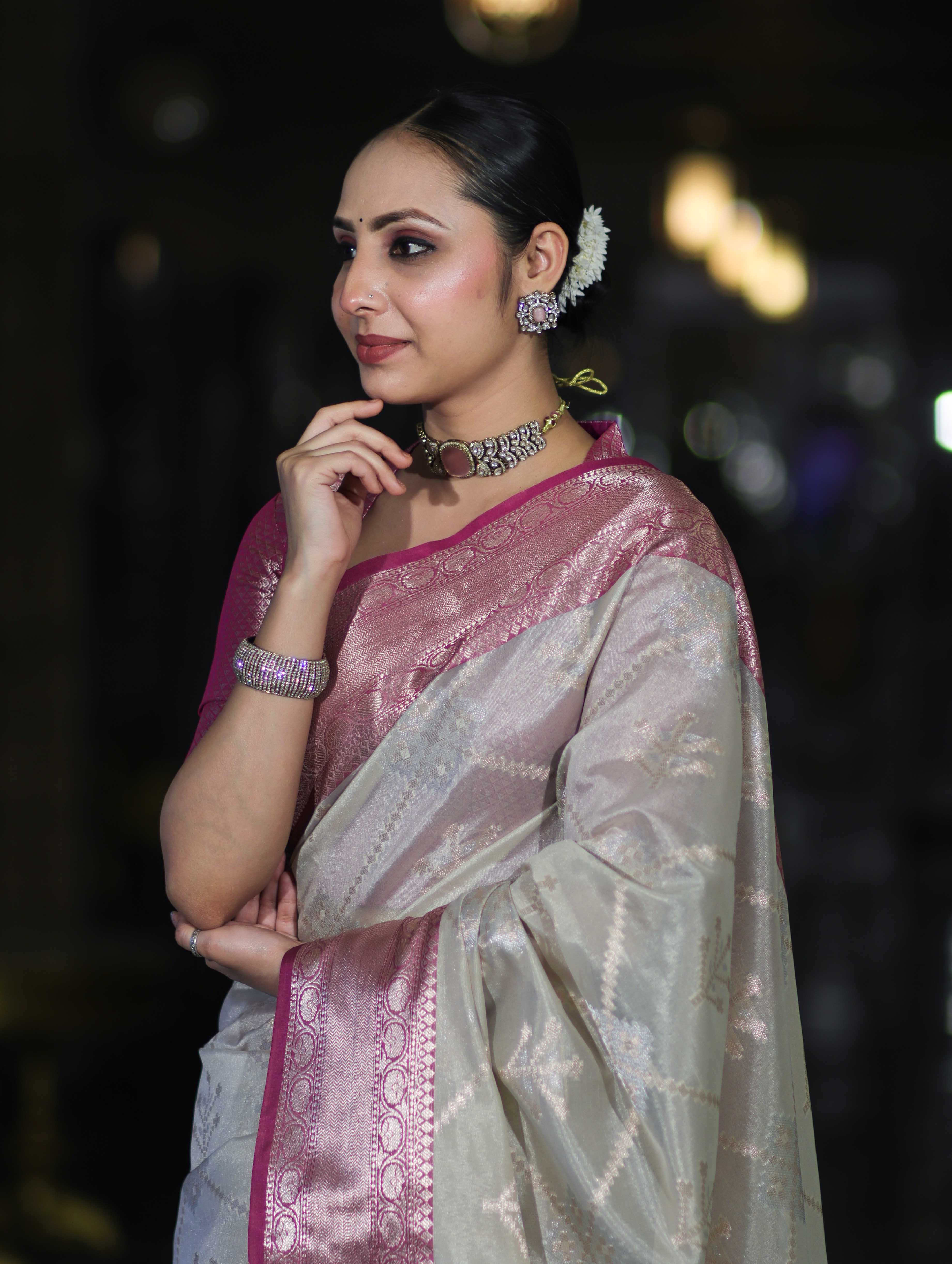 Banarasee Handloom Semi Silk Saree With Zari Jaal Work & Contrast Border-Off White & Magenta
