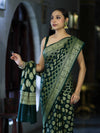 Banarasee Handloom Semi Silk Saree With Zari Jaal Design & Buta Work-Deep Green