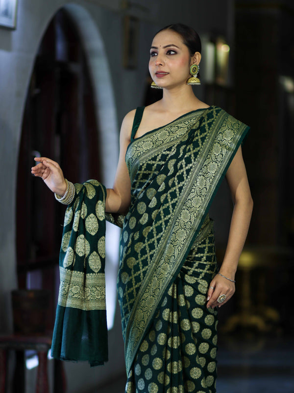 Banarasee Handloom Semi Silk Saree With Zari Jaal Design & Buta Work-Deep Green