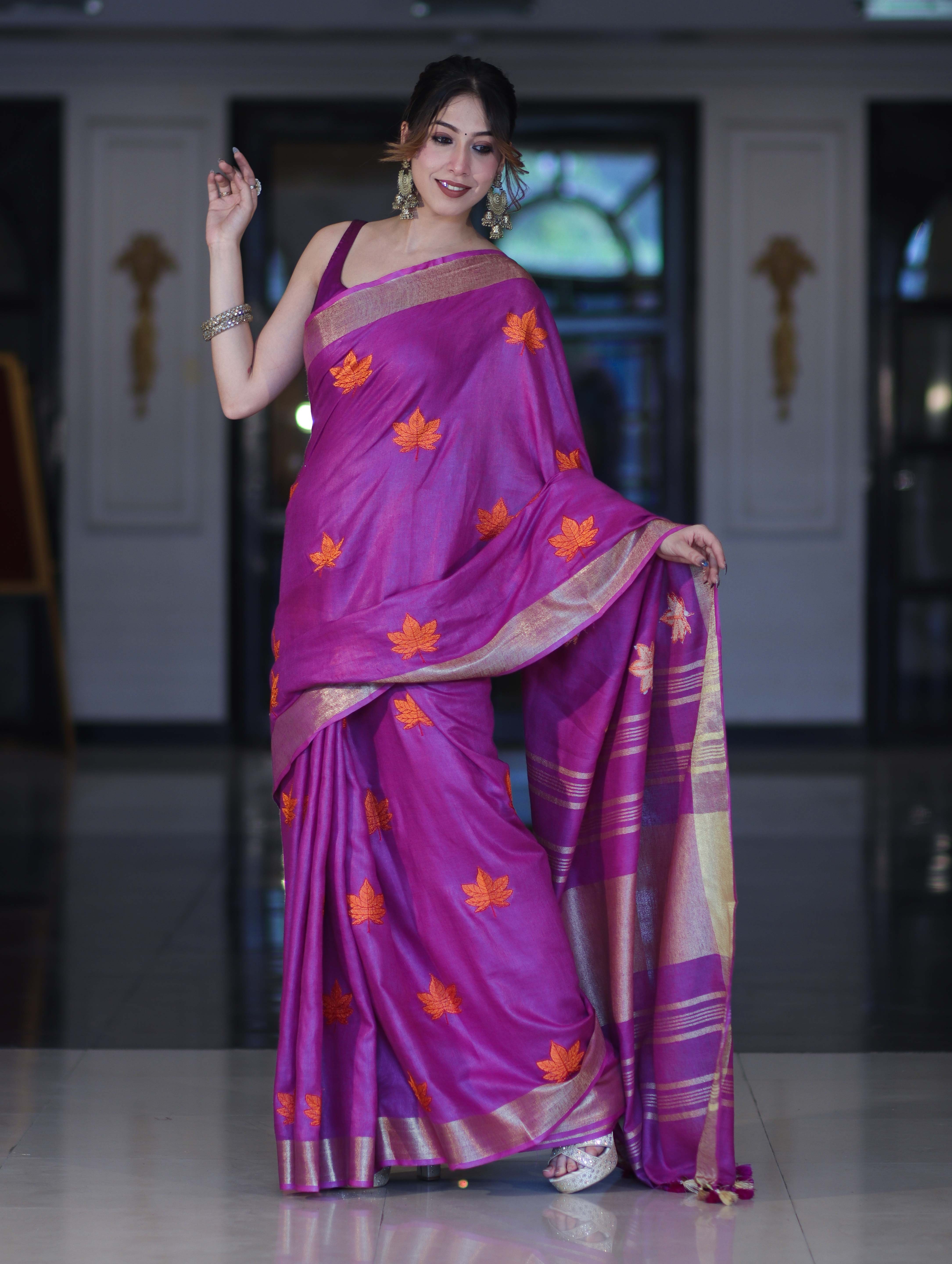 Bhagalpur Handloom Pure Linen Saree With Floral Buta Design-Violet