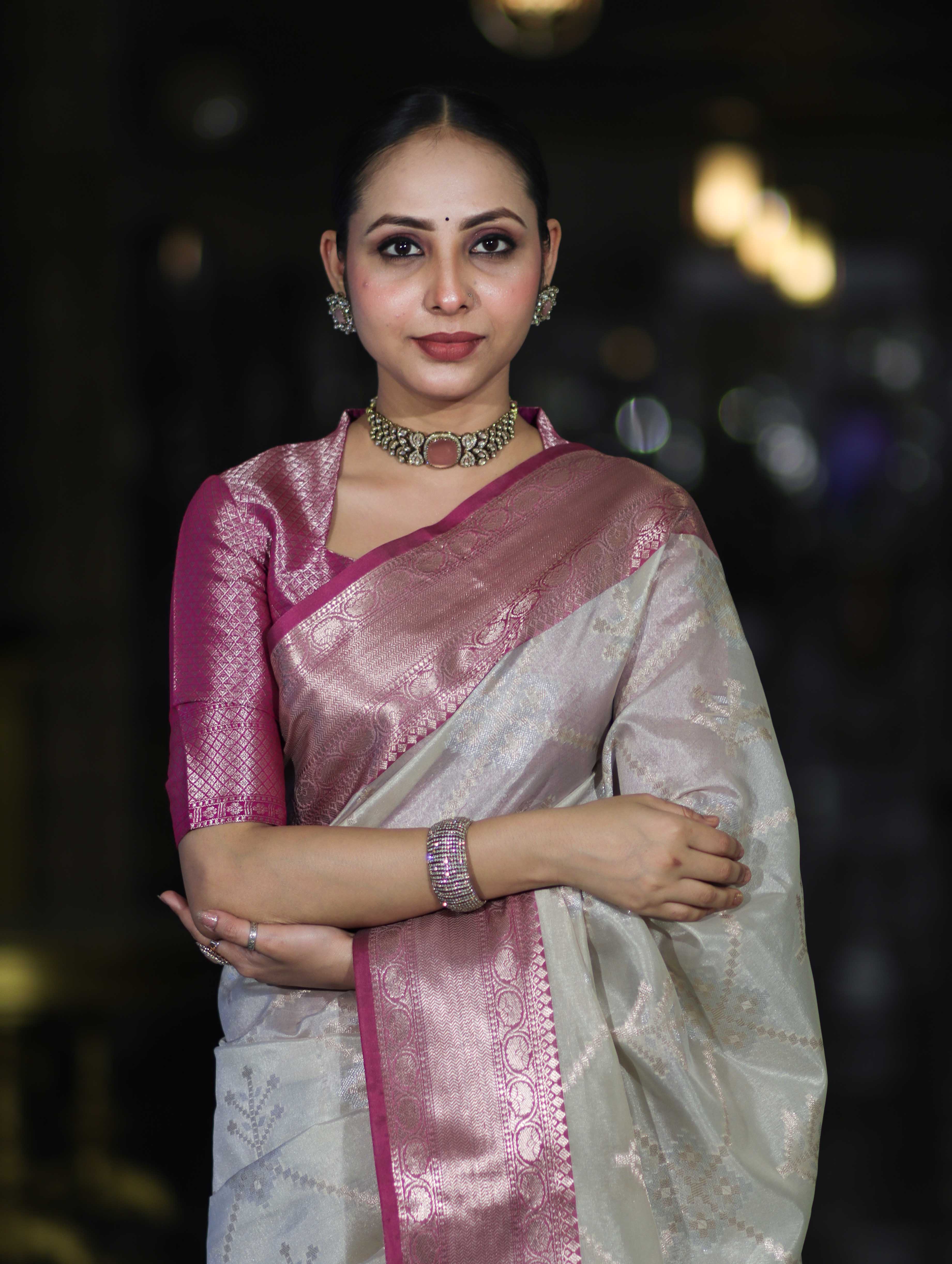 Banarasee Handloom Semi Silk Saree With Zari Jaal Work & Contrast Border-Off White & Magenta