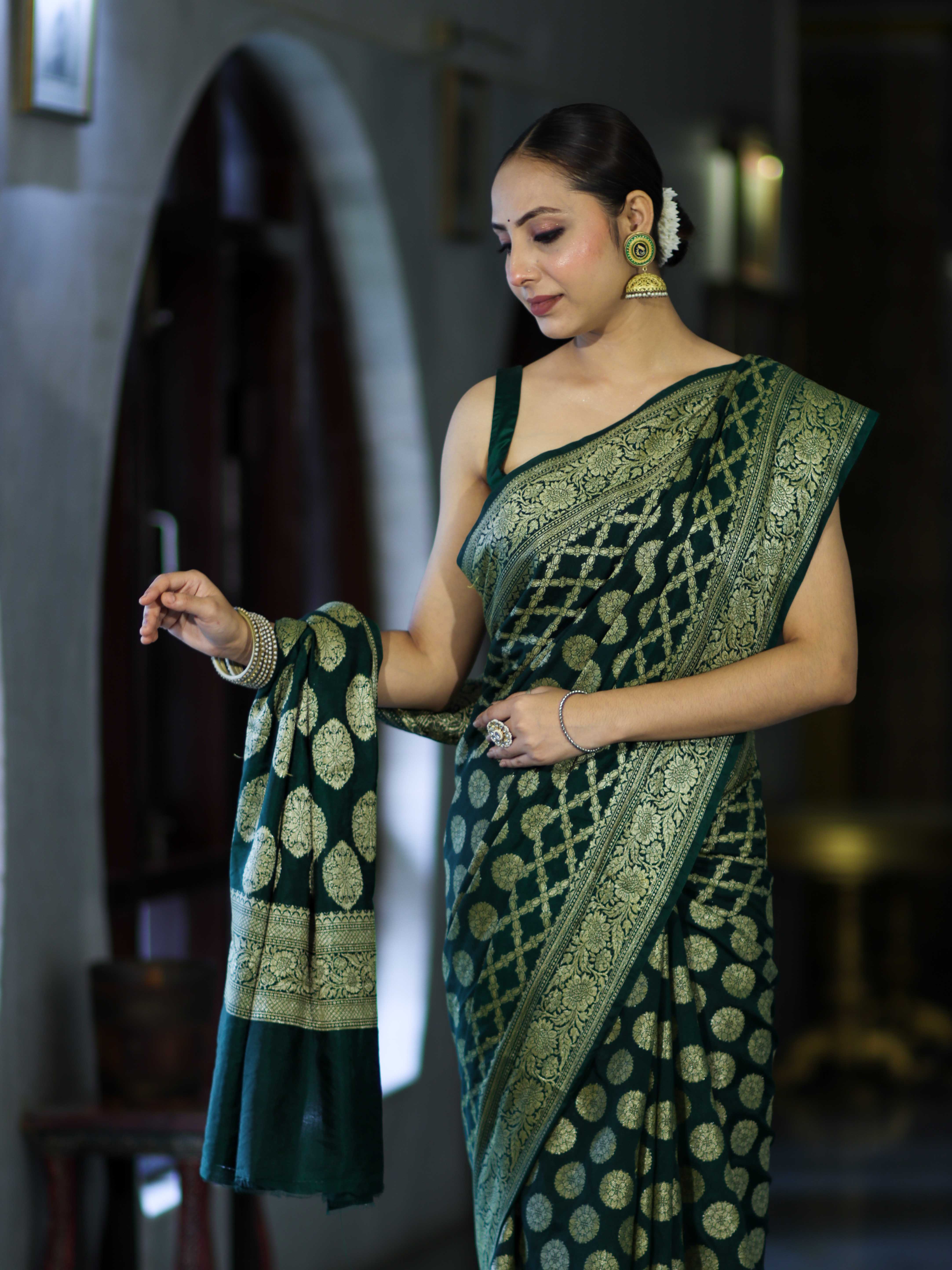 Banarasee Handloom Semi Silk Saree With Zari Jaal Design & Buta Work-Deep Green