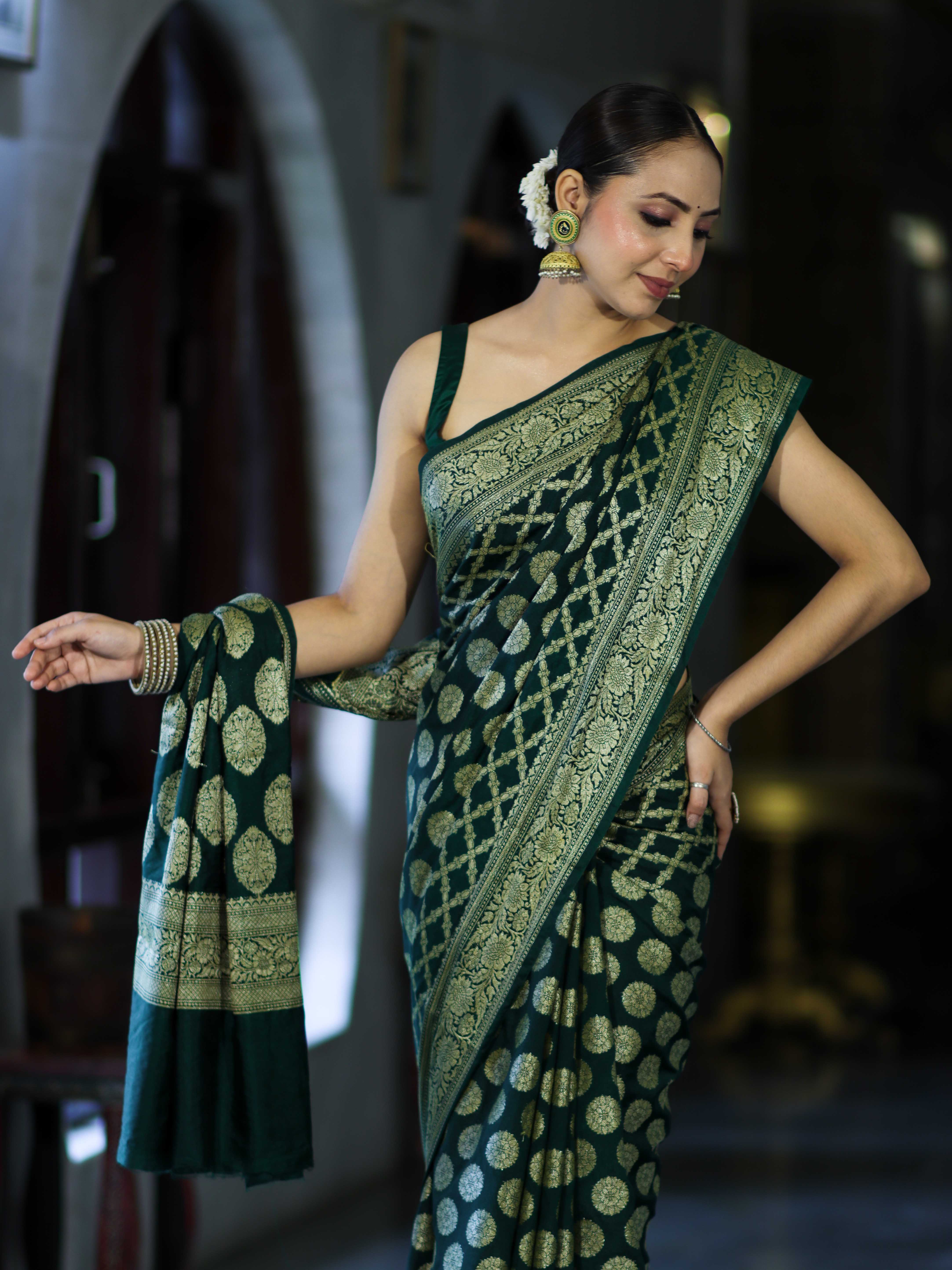 Banarasee Handloom Semi Silk Saree With Zari Jaal Design & Buta Work-Deep Green