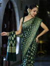 Banarasee Handloom Semi Silk Saree With Zari Jaal Design & Buta Work-Deep Green