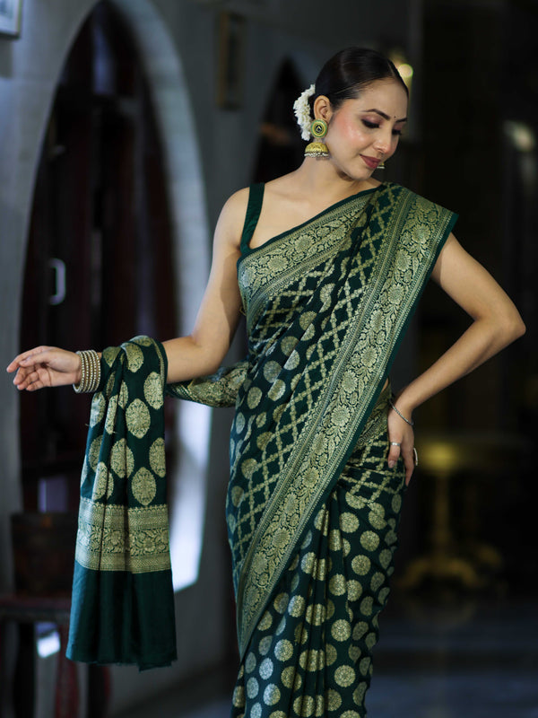 Banarasee Handloom Semi Silk Saree With Zari Jaal Design & Buta Work-Deep Green