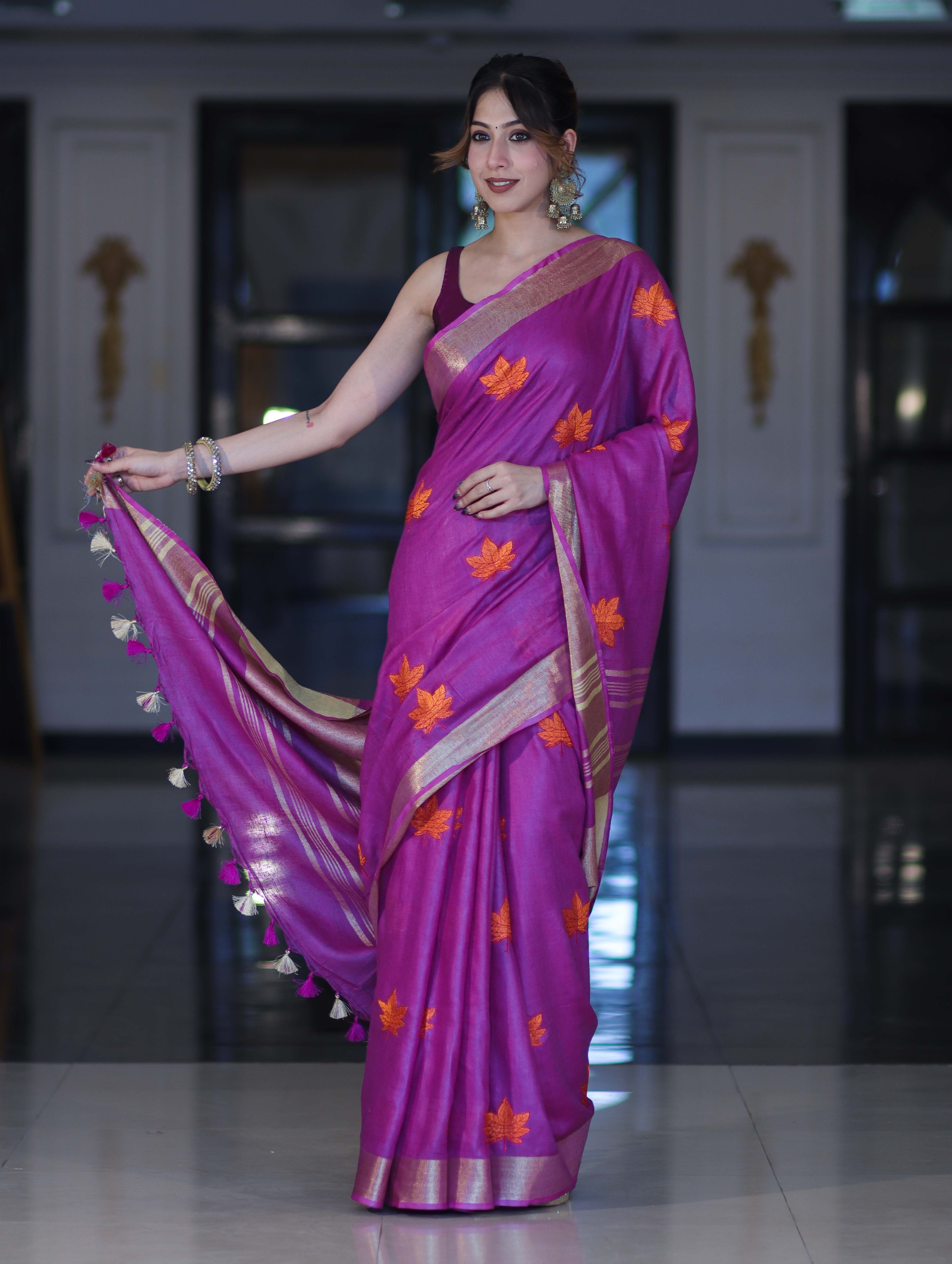 Bhagalpur Handloom Pure Linen Saree With Floral Buta Design-Violet
