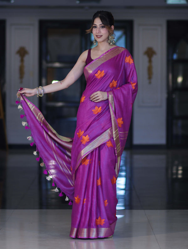 Bhagalpur Handloom Pure Linen Saree With Floral Buta Design-Violet