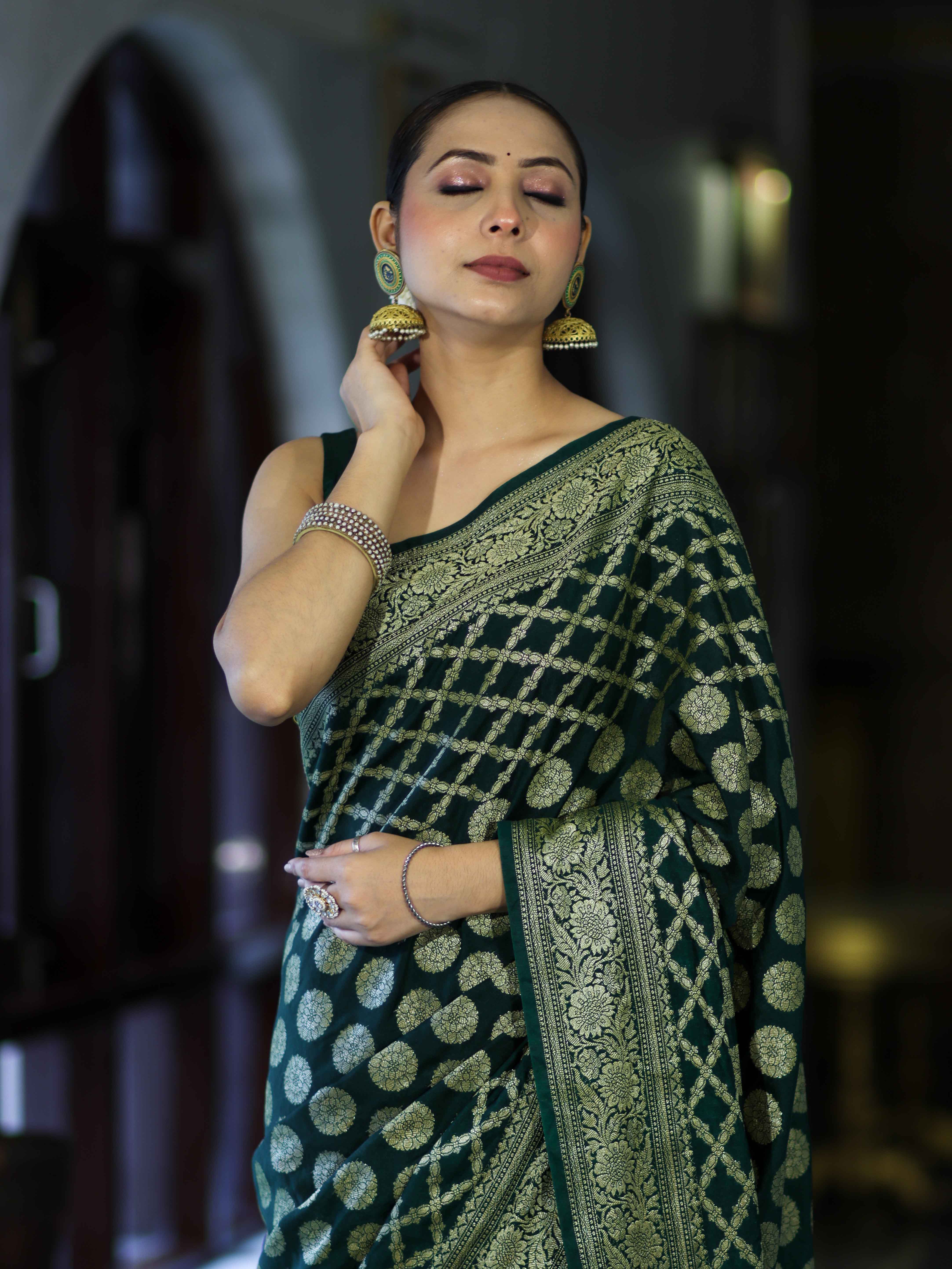 Banarasee Handloom Semi Silk Saree With Zari Jaal Design & Buta Work-Deep Green