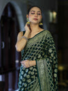 Banarasee Handloom Semi Silk Saree With Zari Jaal Design & Buta Work-Deep Green