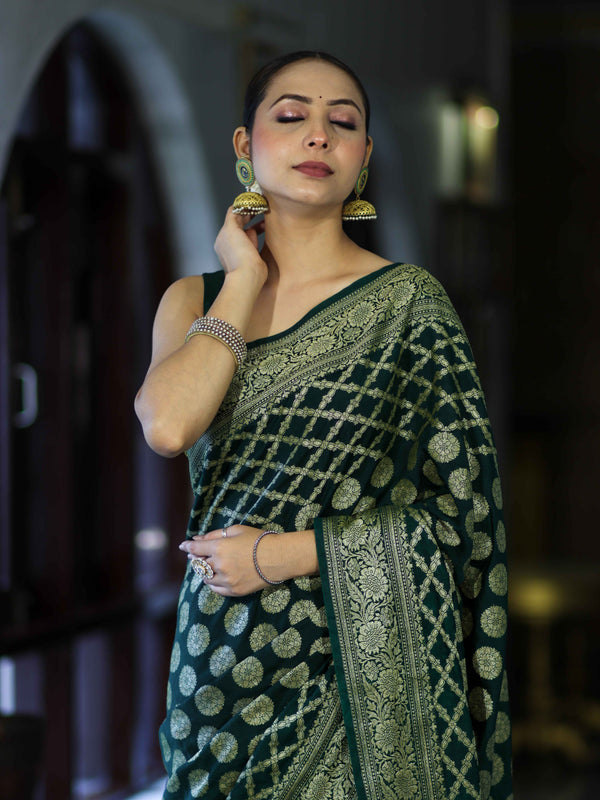 Banarasee Handloom Semi Silk Saree With Zari Jaal Design & Buta Work-Deep Green