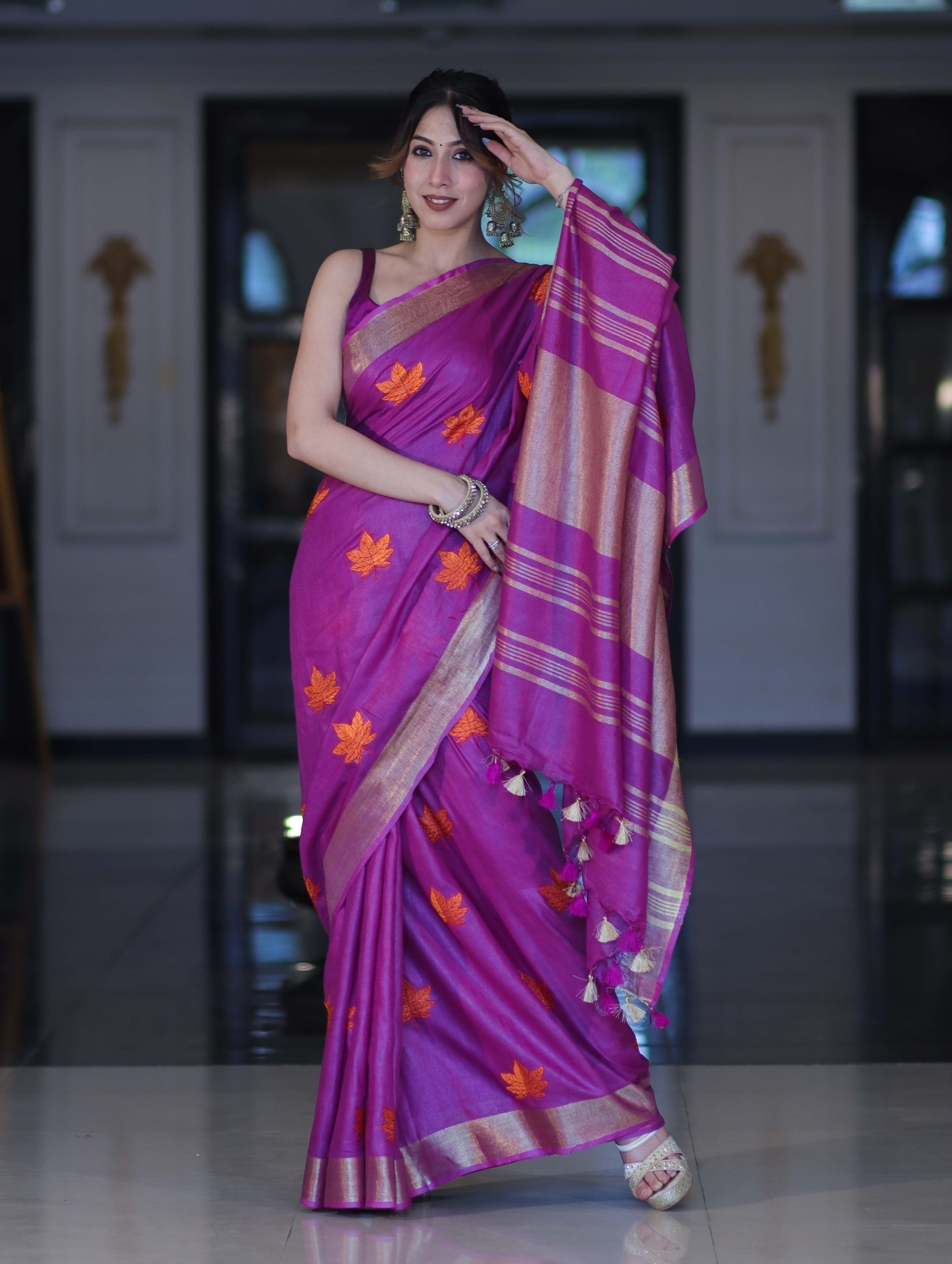 Bhagalpur Handloom Pure Linen Saree With Floral Buta Design-Violet