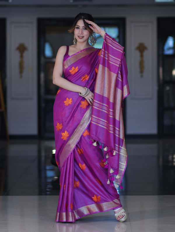 Bhagalpur Handloom Pure Linen Saree With Floral Buta Design-Violet