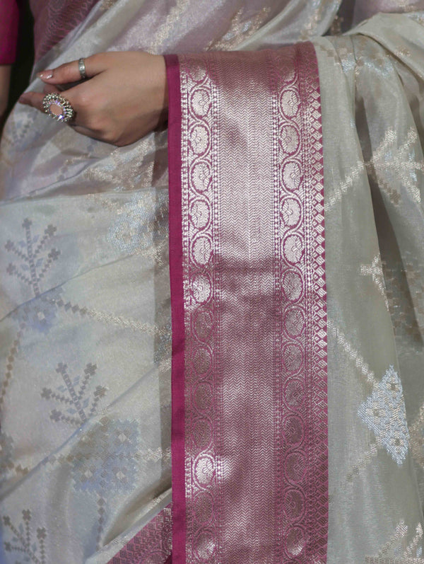 Banarasee Handloom Semi Silk Saree With Zari Jaal Work & Contrast Border-Off White & Magenta