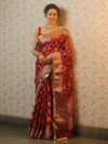Banarasee Semi-Georgette Saree Meena Jaal Design With Gold Zari Border Design-Maroon