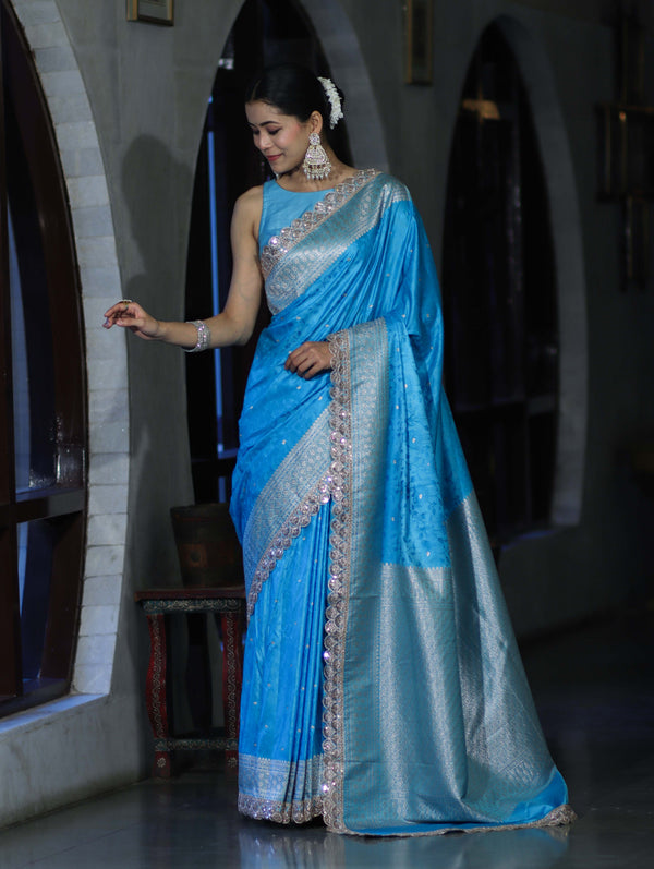 Banarasee Handloom Mashru Silk Saree With Buti Design Zari Border & Lace-Sky Blue