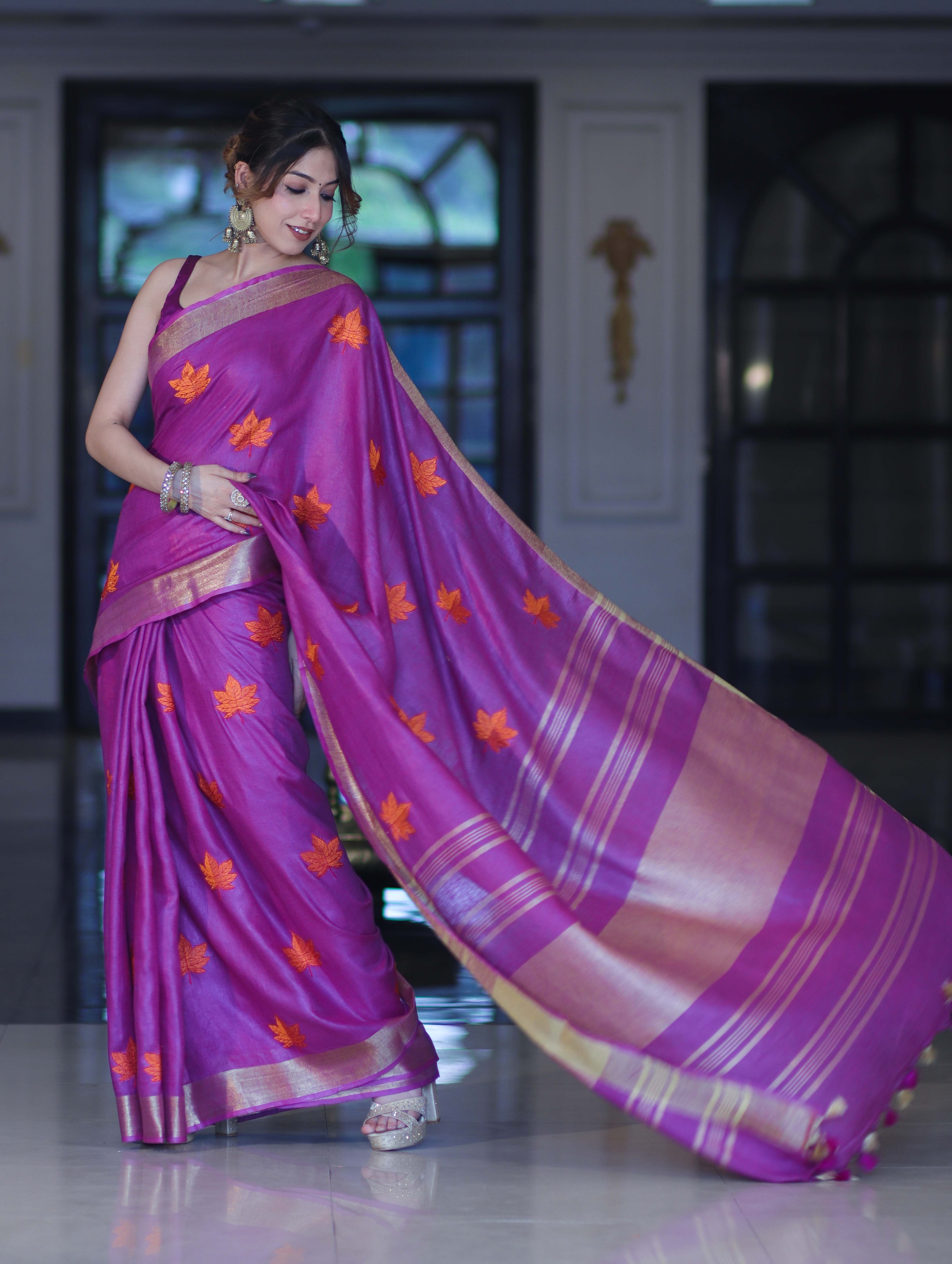 Bhagalpur Handloom Pure Linen Saree With Floral Buta Design-Violet