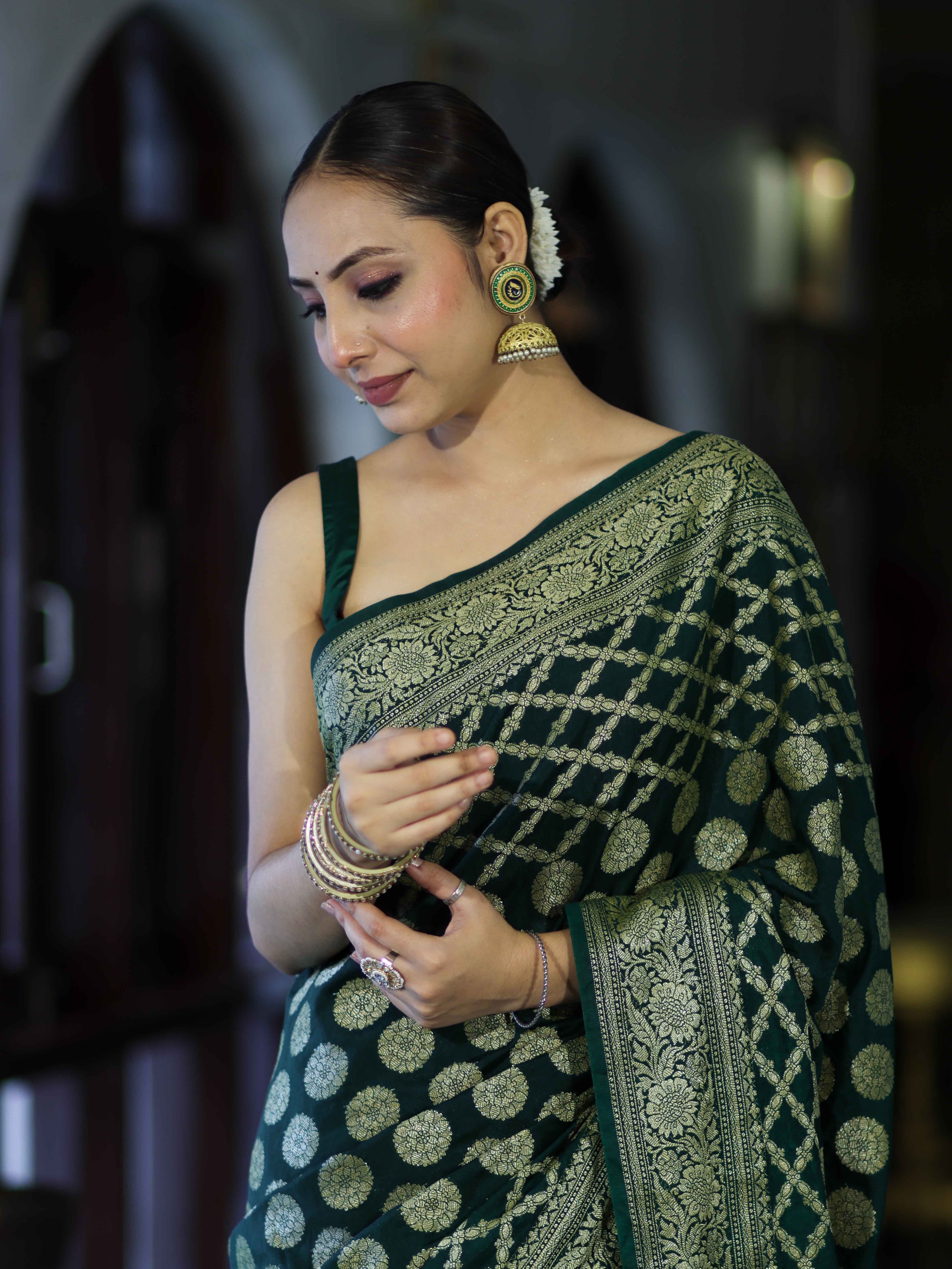 Banarasee Handloom Semi Silk Saree With Zari Jaal Design & Buta Work-Deep Green