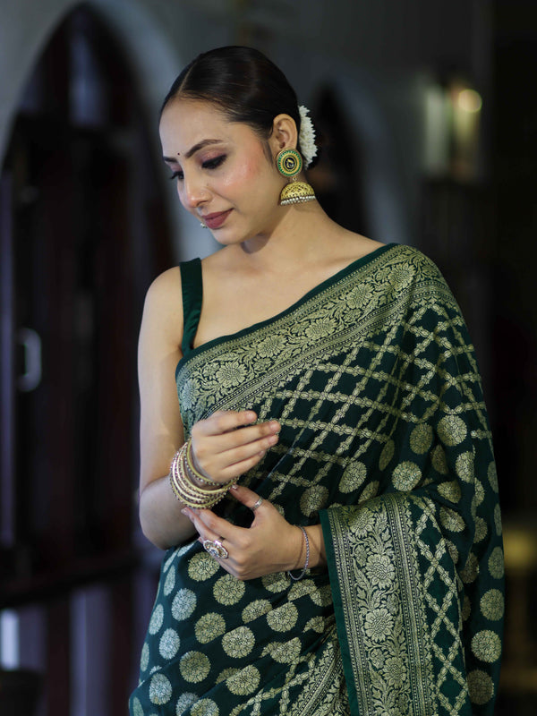 Banarasee Handloom Semi Silk Saree With Zari Jaal Design & Buta Work-Deep Green
