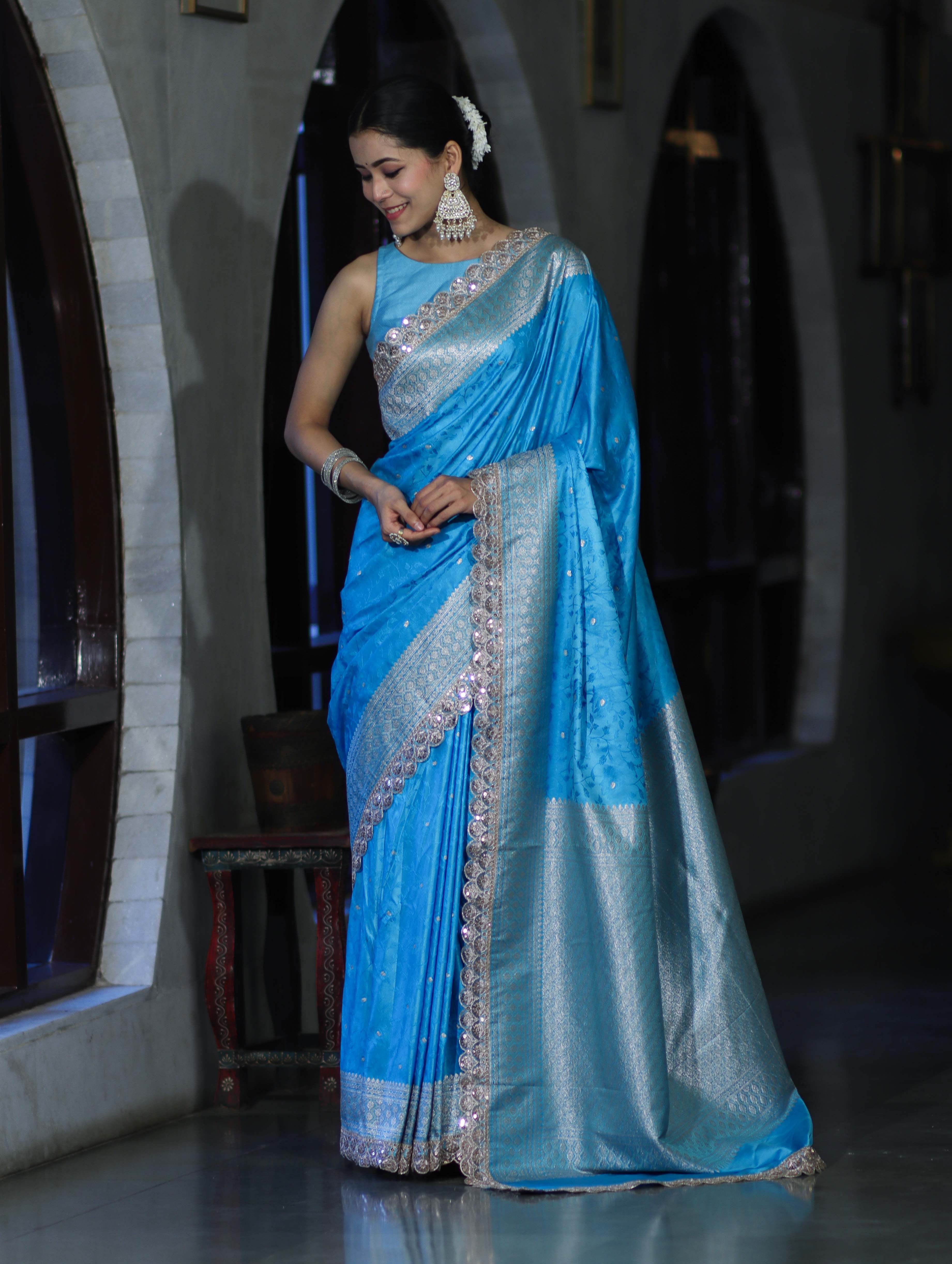Banarasee Handloom Mashru Silk Saree With Buti Design Zari Border & Lace-Sky Blue