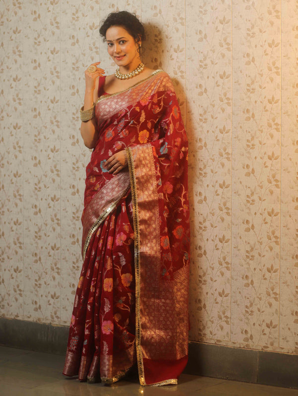 Banarasee Semi-Georgette Saree Meena Jaal Design With Gold Zari Border Design-Maroon