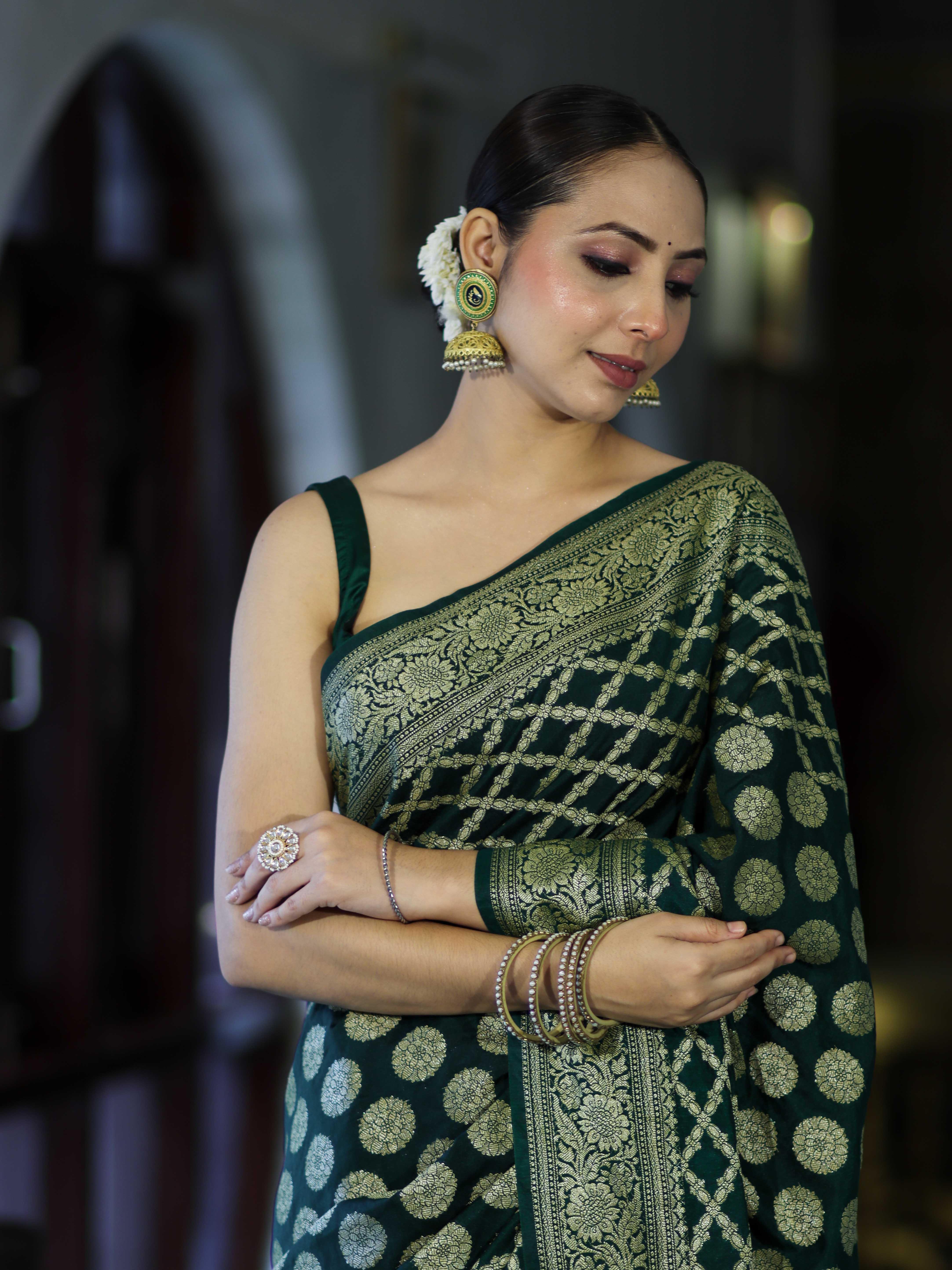 Banarasee Handloom Semi Silk Saree With Zari Jaal Design & Buta Work-Deep Green