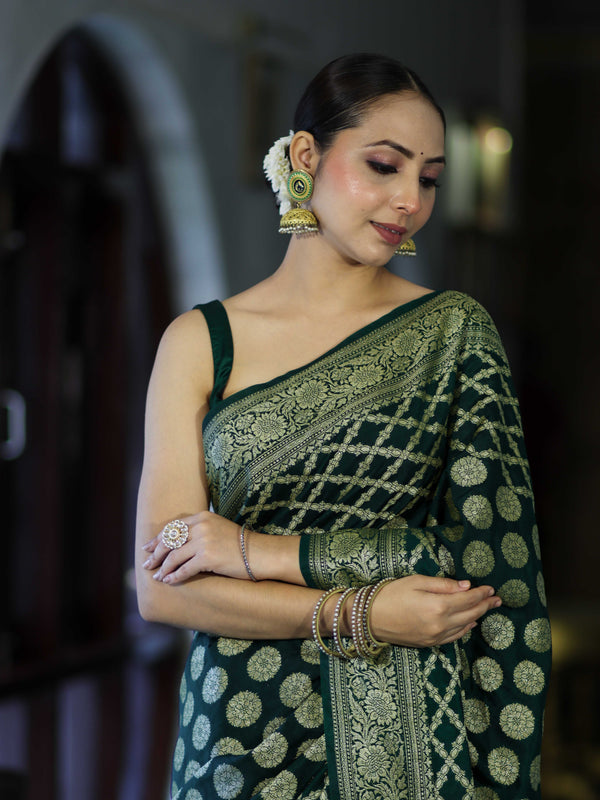 Banarasee Handloom Semi Silk Saree With Zari Jaal Design & Buta Work-Deep Green