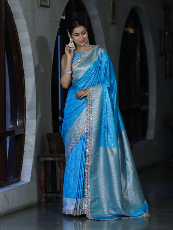 Banarasee Handloom Mashru Silk Saree With Buti Design Zari Border & Lace-Sky Blue