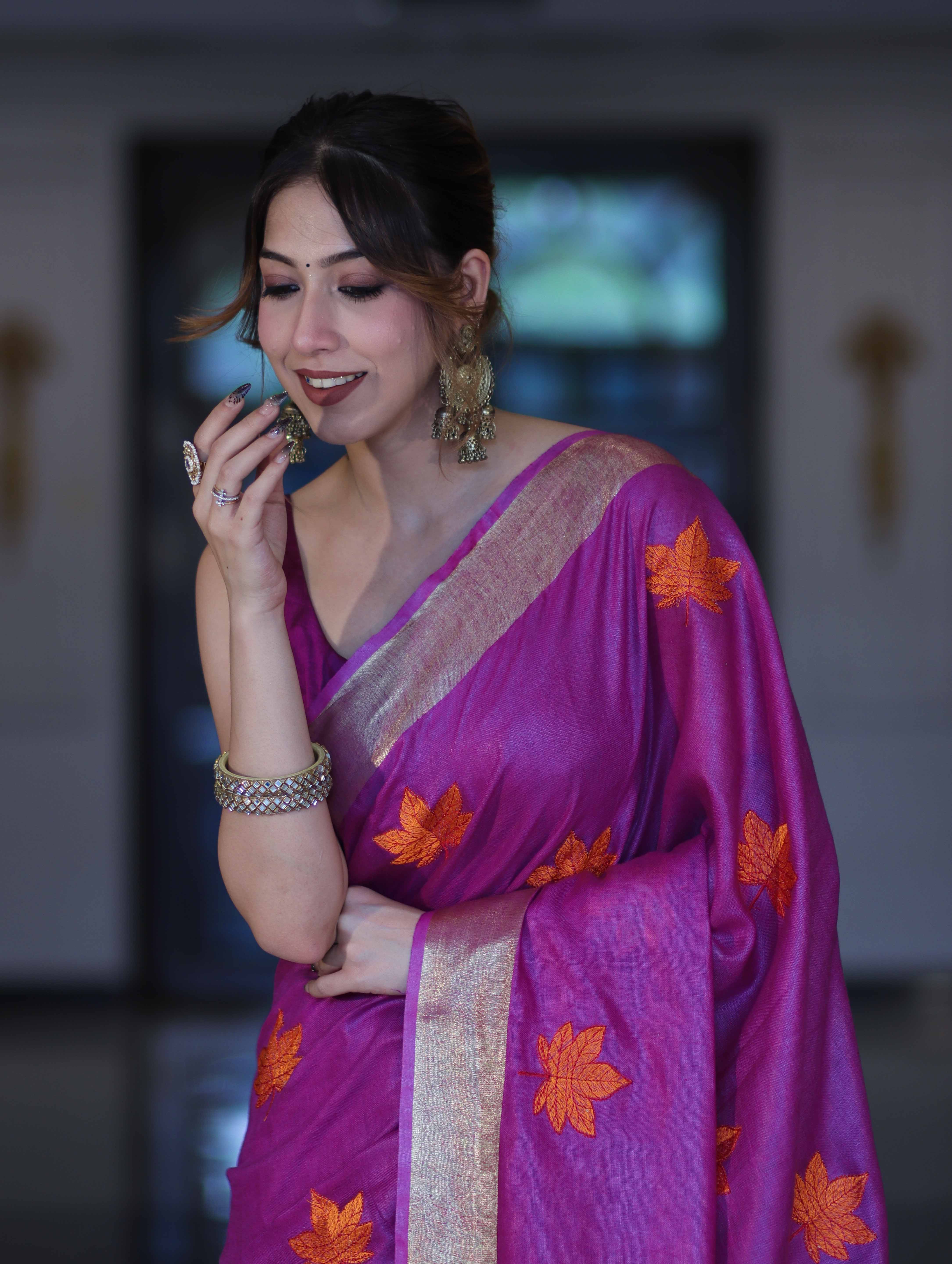 Bhagalpur Handloom Pure Linen Saree With Floral Buta Design-Violet