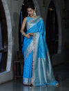 Banarasee Handloom Mashru Silk Saree With Buti Design Zari Border & Lace-Sky Blue
