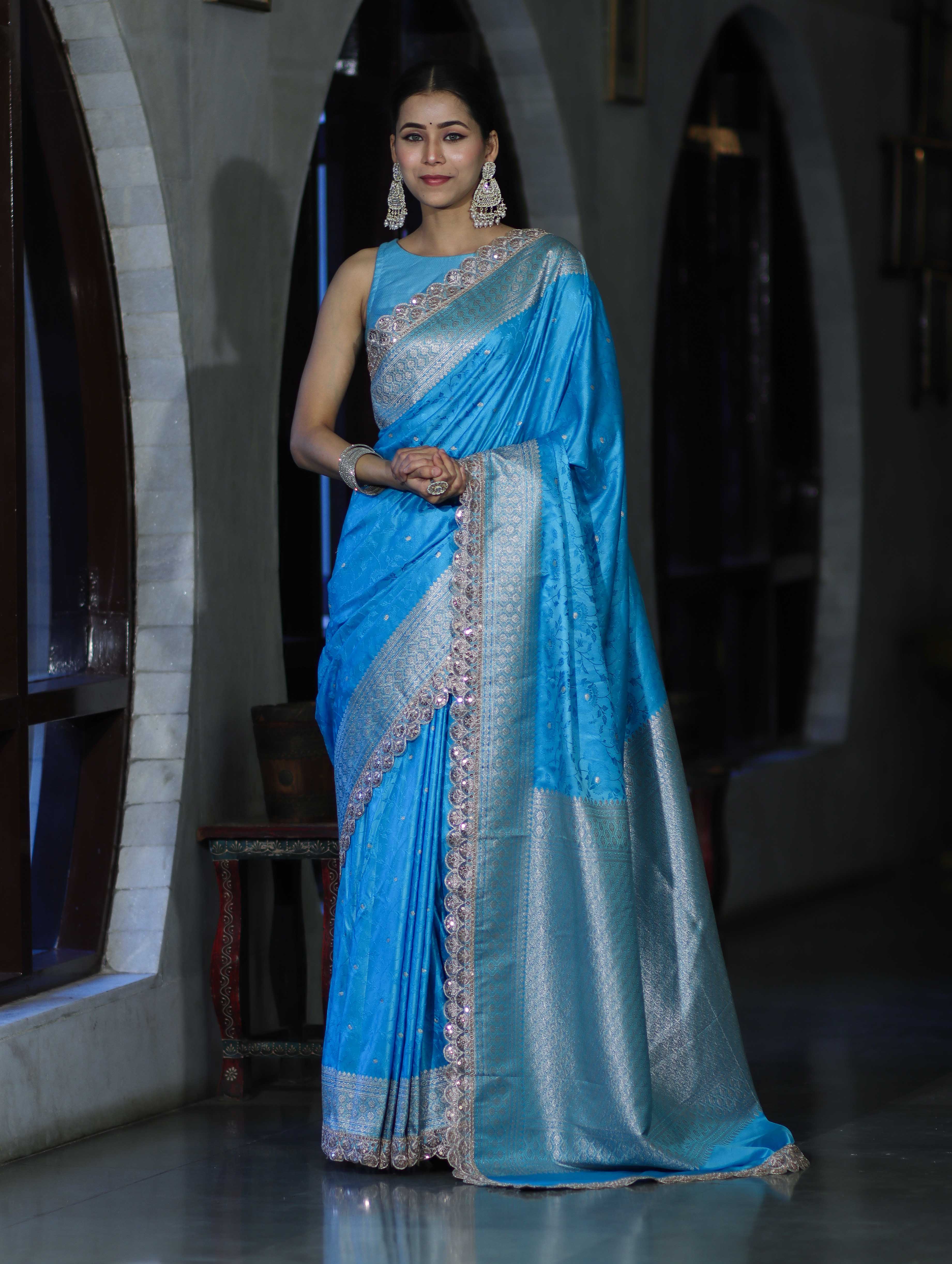 Banarasee Handloom Mashru Silk Saree With Buti Design Zari Border & Lace-Sky Blue