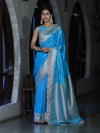 Banarasee Handloom Mashru Silk Saree With Buti Design Zari Border & Lace-Sky Blue