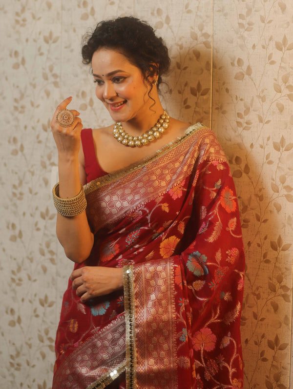 Banarasee Semi-Georgette Saree Meena Jaal Design With Gold Zari Border Design-Maroon