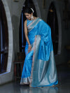 Banarasee Handloom Mashru Silk Saree With Buti Design Zari Border & Lace-Sky Blue
