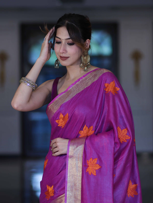 Bhagalpur Handloom Pure Linen Saree With Floral Buta Design-Violet