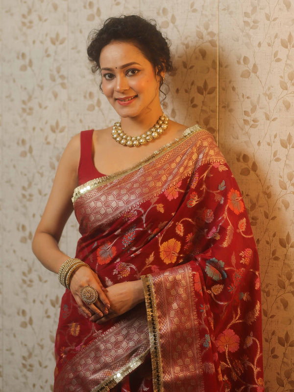 Banarasee Semi-Georgette Saree Meena Jaal Design With Gold Zari Border Design-Maroon