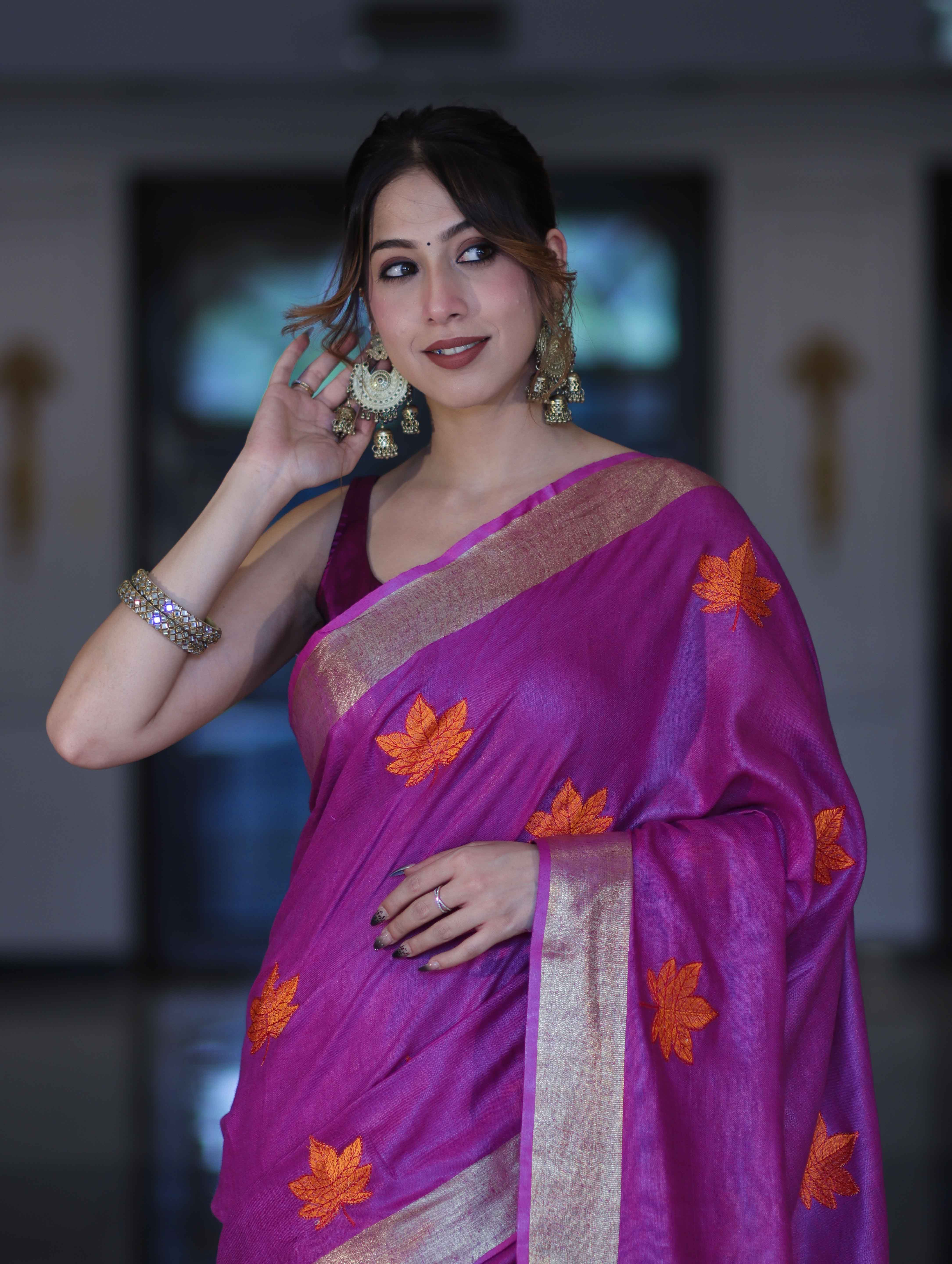 Bhagalpur Handloom Pure Linen Saree With Floral Buta Design-Violet
