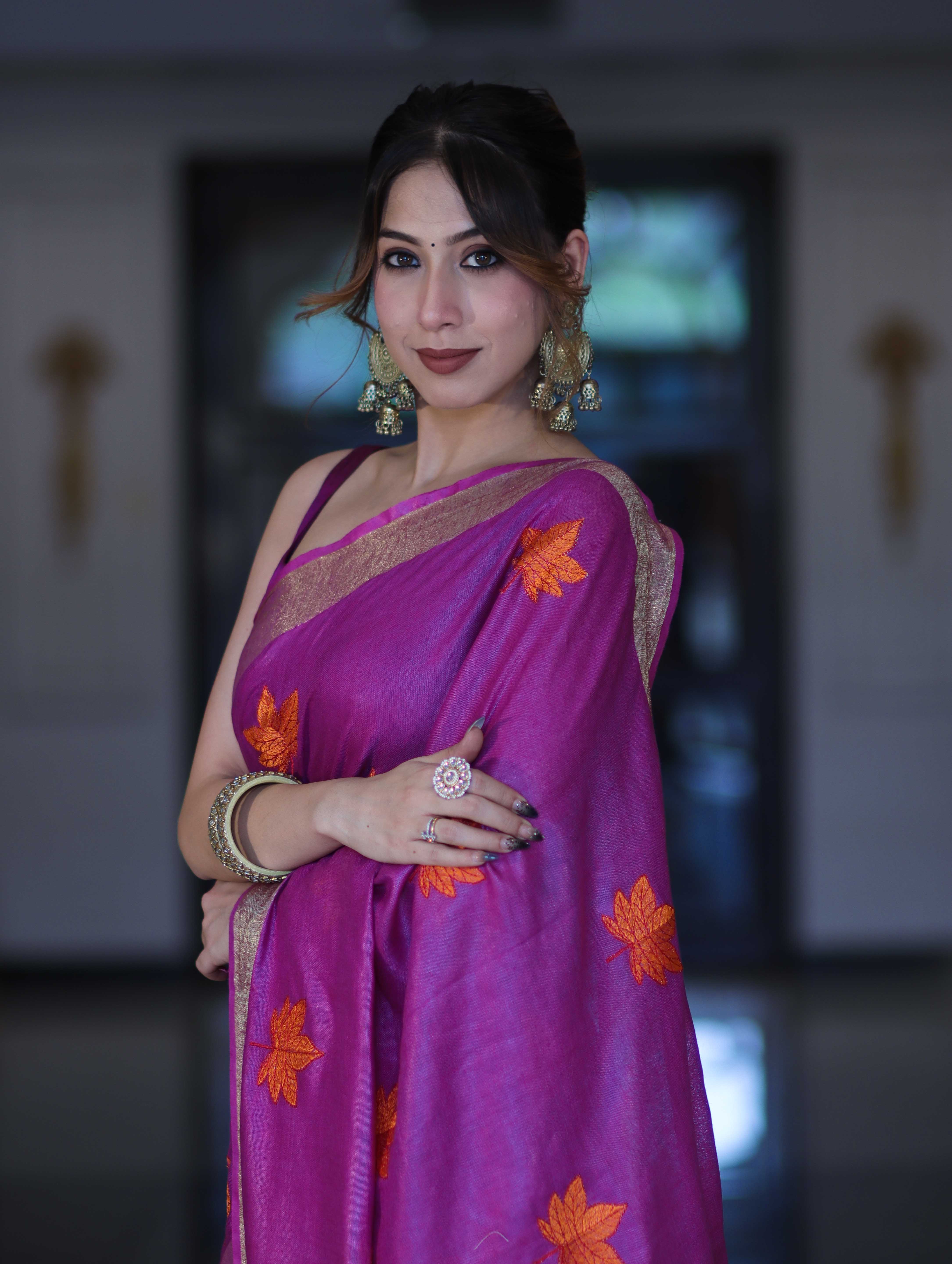 Bhagalpur Handloom Pure Linen Saree With Floral Buta Design-Violet